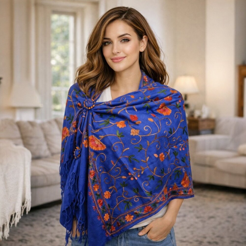 Royal Blue Embroidered Kashmir 100% Wool Scarf